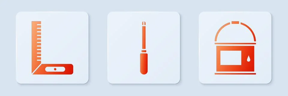 Set Screwdriver, Corner ruler and Paint bucket. White square button. Vector Stock Illustration