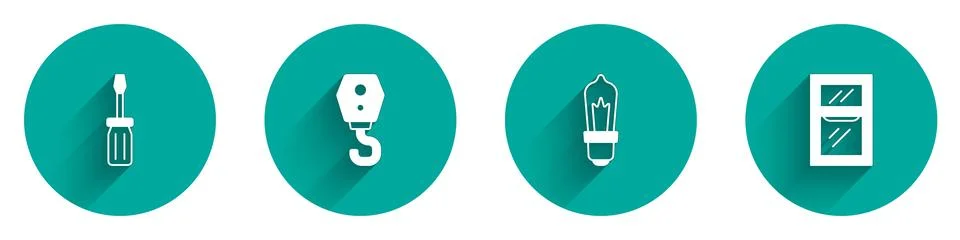 Set Screwdriver, Crane hook, Light bulb and Window in room icon with long s.. Stock Illustration