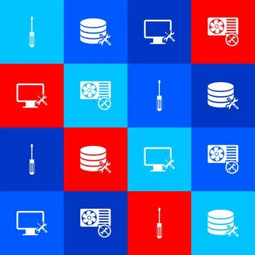 Set Screwdriver, Database server service, Computer monitor and Air conditioner Stock-Illustration