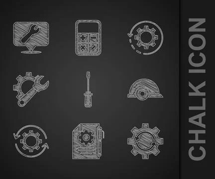 Set Screwdriver, Document settings and pen, Gear arrows as workflow, Worker s 스톡 일러스트