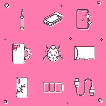 Set Screwdriver, Glass screen protector, Phone repair service, System bug, .. Illustrazione stock