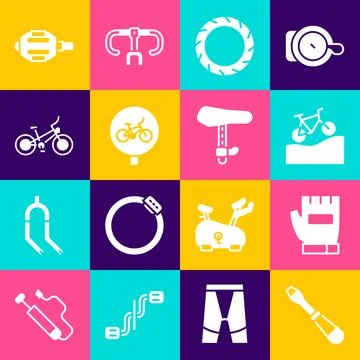 Set Screwdriver, Gloves, Mountain bicycle, Bicycle wheel tire, pedal and se.. Stock Illustration