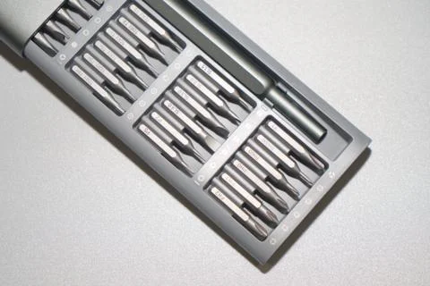Set of screwdriver heads consisting of PH, SL, torx Stock Photos
