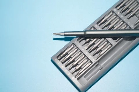 Set of screwdriver heads consisting of PH, SL, torx Stock Photos