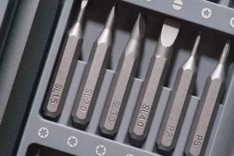Set of screwdriver heads consisting of PH, SL, torx, macro photo Stock Photos