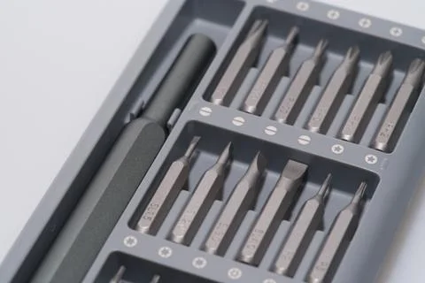 Set of screwdriver heads consisting of PH, SL, torx, macro photo Stock Photos