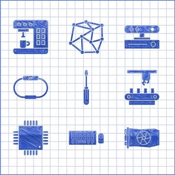 Set Screwdriver Keyboard and mouse Video graphic card Factory conveyor system 스톡 일러스트