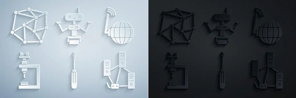 Set Screwdriver, Social network, Microscope, Computer, Robot and Neural icon Stock Illustration