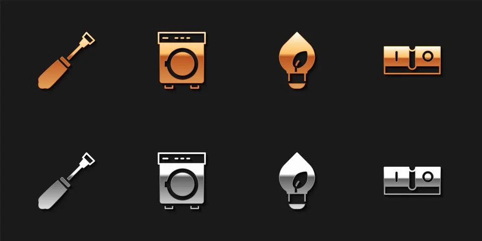 Set Screwdriver, Washer, Light bulb with leaf and Electric light switch icon Illustrazione stock