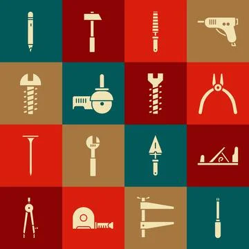 Set Screwdriver, Wood plane tool, Pliers, Chisel for wood, Angle grinder Stock Illustration