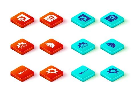 Set Screwdriver, Wrench spanner and gear, Algorithm, Worker safety helmet Stockillustratie