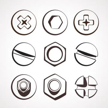 Set of screws. Contour set of nuts and bolts. Vector illustration Illustrazione stock