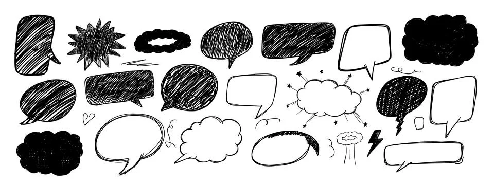 Set of scribble comic book bubbles. Pen paint element. Illustrazione stock