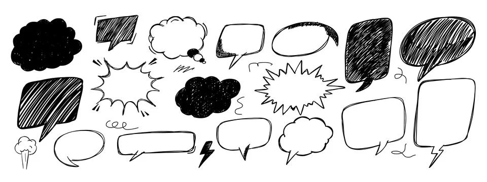 Set of scribble comic sound speech effect bubbles set. Pen paint element. Illustrazione stock