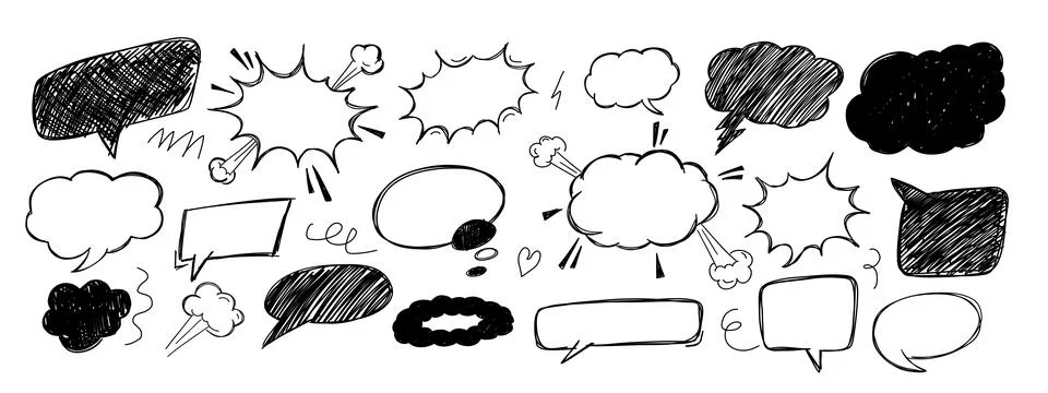 Set of scribble comic speech bubbles. Pen paint element. Illustrazione stock