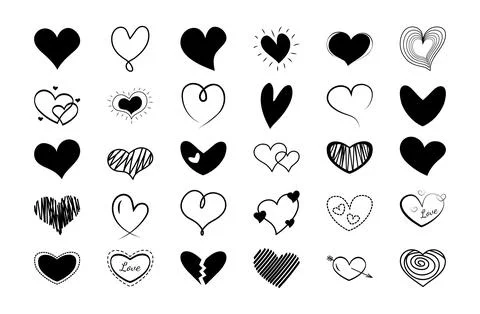Set of scribble doodle hearts. Black hand drawn hearts of different shapes .. Stock Illustration