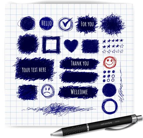 Set of scribble elements with place for your text on lined paper background Stock Illustration