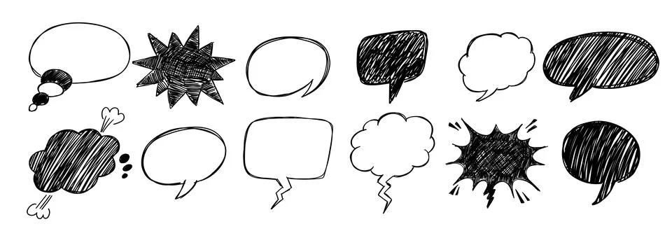 Set of scribble explosion speech bubbles. Pen paint element. Illustrazione stock