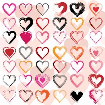 Set of scribble hearts with grungy texture. Vector Illustrazione stock