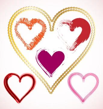Set of scribble hearts with grungy texture. Vector Illustrazione stock