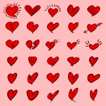 Set of scribble red hearts icon. Stock Illustration