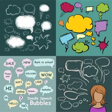 Set of scribble speech bubbles on a green background. Illustrazione stock