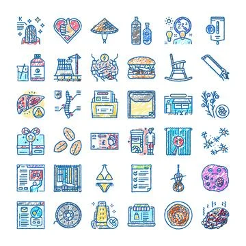 Set of scribbled style icons illustrating various concepts 库存插图