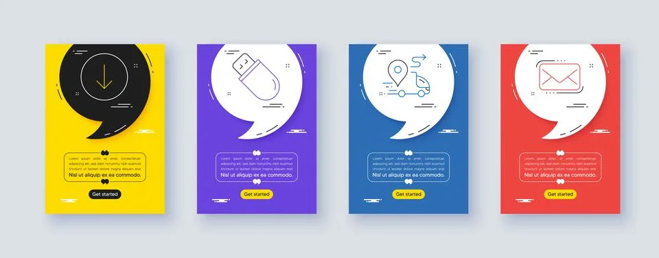 Set of Scroll down, Usb stick and Delivery line icons. For design. Vector Illustrazione stock