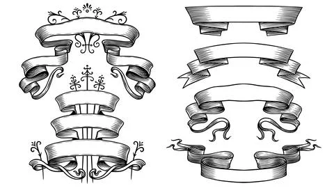 Set of scroll ribbon banners in Barocco style. Hand drawn engraving for your Stock Illustration