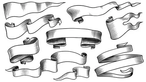 Set of scroll ribbon banners in Barocco style. Hand drawn engraving for your Stock Illustration