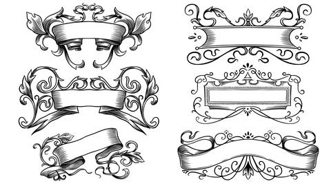 Set of scroll ribbon banners in Barocco style. Hand drawn engraving for your Stock Illustration