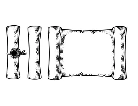 Set scroll with seal isolated on white background. Vector engraving Illustrazione stock