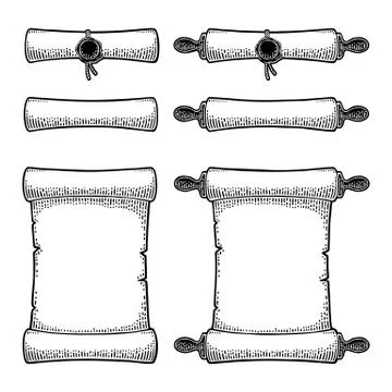 Set scroll with seal isolated on white background. Vector engraving Stock Illustration