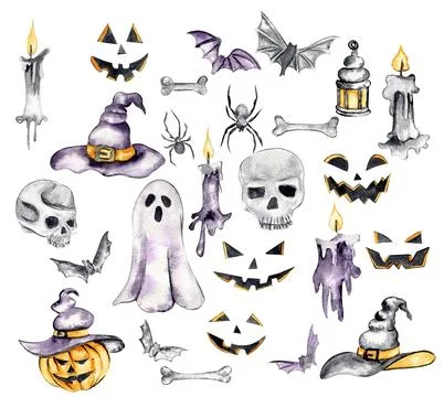 A set with sculls, hat, pumpkin, horror face, candle. Watercolor hand drawn.. Stock Illustration
