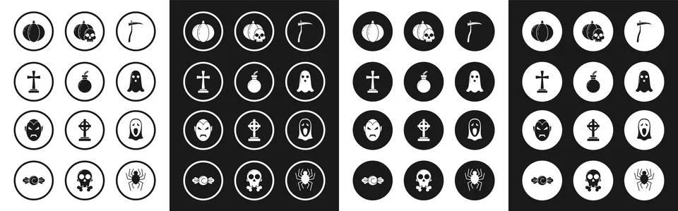 Set Scythe, Bomb ready to explode, Tombstone with cross, Pumpkin, Ghost, and Stock Illustration