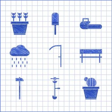 Set Scythe, Grass and weed electric string trimmer, Cactus succulent pot, Bench Ilustración de archivo
