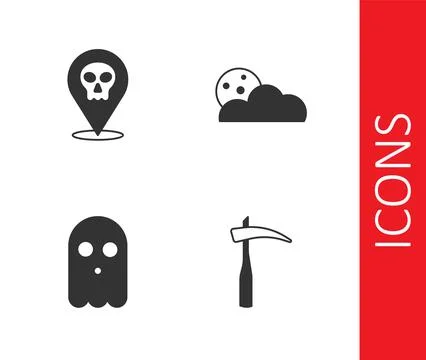 Set Scythe, Skull, Ghost and Moon and stars icon. Vector Stock Illustration