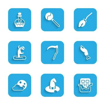 Set Scythe, Witch hat, Chocolate bar, Zombie finger, Moon and stars, hand Stock-Illustration