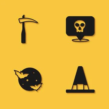 Set Scythe, Witch hat, Moon and stars and Skull icon with long shadow. Vector Stock Illustration