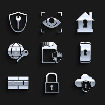 Set SD card and shield, Lock, Cloud, Smartphone with lock, Bricks, Globe key 스톡 일러스트