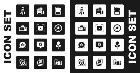 Set SD card, Camera focus frame line, Photo camera, Tripod, shutter, Retro ci Stock Illustration