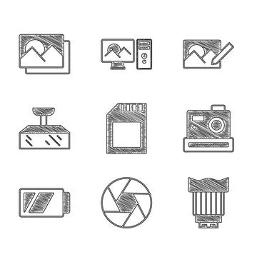 Set SD card, Camera shutter, photo lens, Photo camera, Battery for, Softbox Illustrazione stock