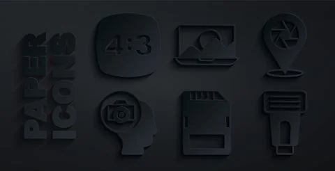 Set SD card, Camera shutter, Photo camera, flash, retouching and frame 4 icon Stock Illustration