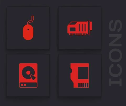 Set SD card, Computer mouse, Video graphic and Hard disk drive HDD icon. Vector Illustrazione stock