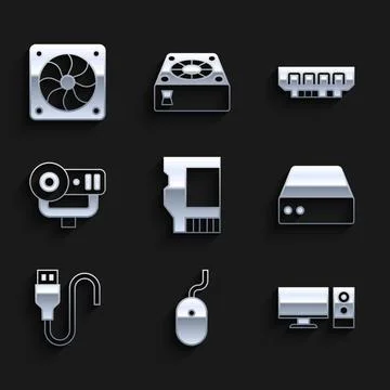 Set SD card, Computer mouse, monitor, Server, Data, Web Hosting, USB cable cord Illustrazione stock