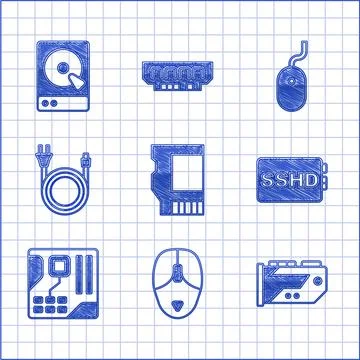 Set SD card, Computer mouse, Video graphic, SSHD, Motherboard digital chip Stockillustratie