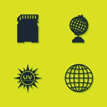 Set SD card, Earth globe, UV protection and  icon. Vector イラスト素材