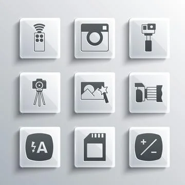 Set SD card, Exposure compensation, Photo camera, retouching, Auto flash, Remote Stock Illustration