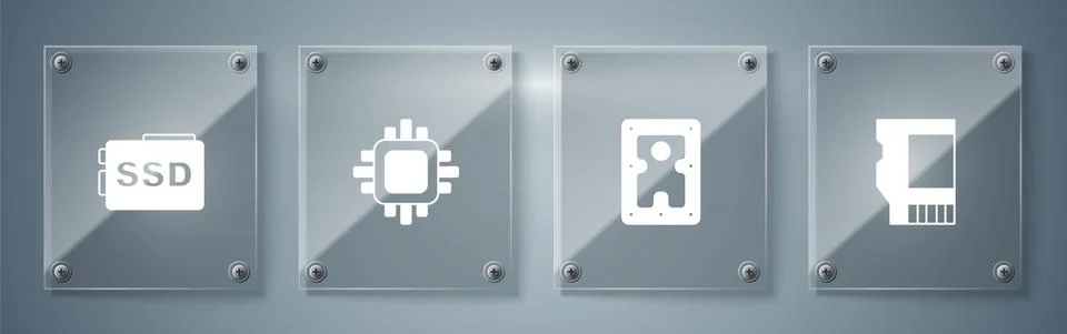 Set SD card, Hard disk drive HDD, Processor with CPU and SSD. Square glass Stock Illustration