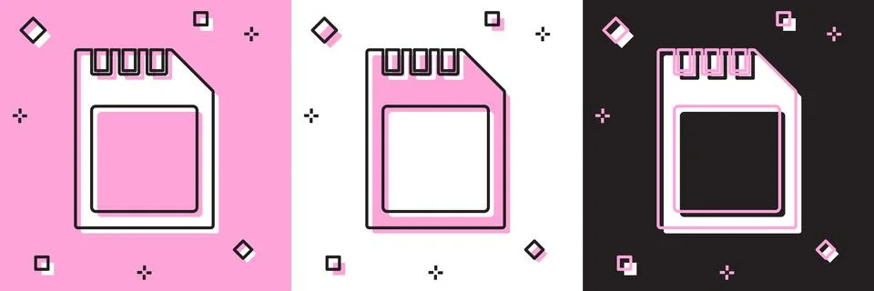 Set SD card icon isolated on pink and white, black background. Memory card Stock Illustration